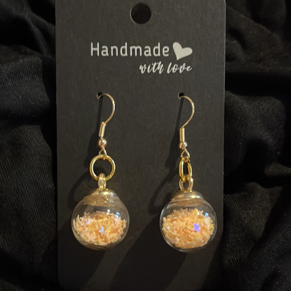 Glass ball star earrings- light peach color- homemade